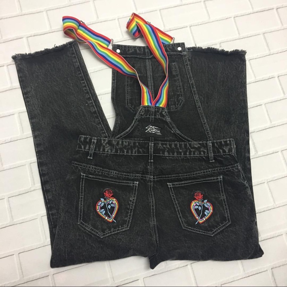 Laser kitten F21 Black Rainbow Denim Overalls